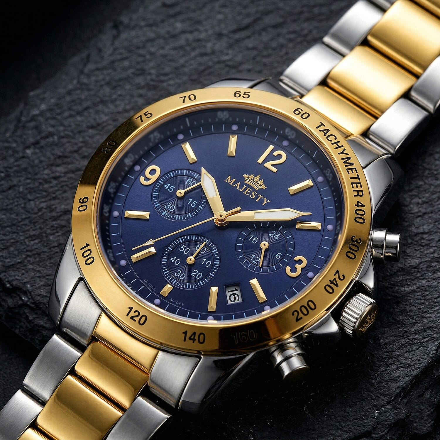 MAJESTY Multifunction VD53 Japan Quartz 3ATM WR Blue Sunshine Dial Mens Watch with Two-Tone Stainless Steel Strap