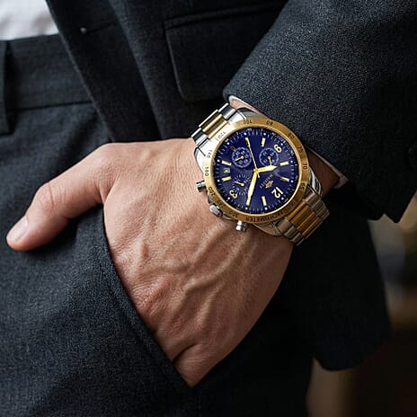 MAJESTY Multifunction VD53 Japan Quartz 3ATM WR Blue Sunshine Dial Mens Watch with Two-Tone Stainless Steel Strap
