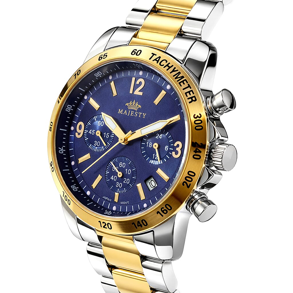 MAJESTY Multifunction VD53 Japan Quartz 3ATM WR Blue Sunshine Dial Mens Watch with Two-Tone Stainless Steel Strap