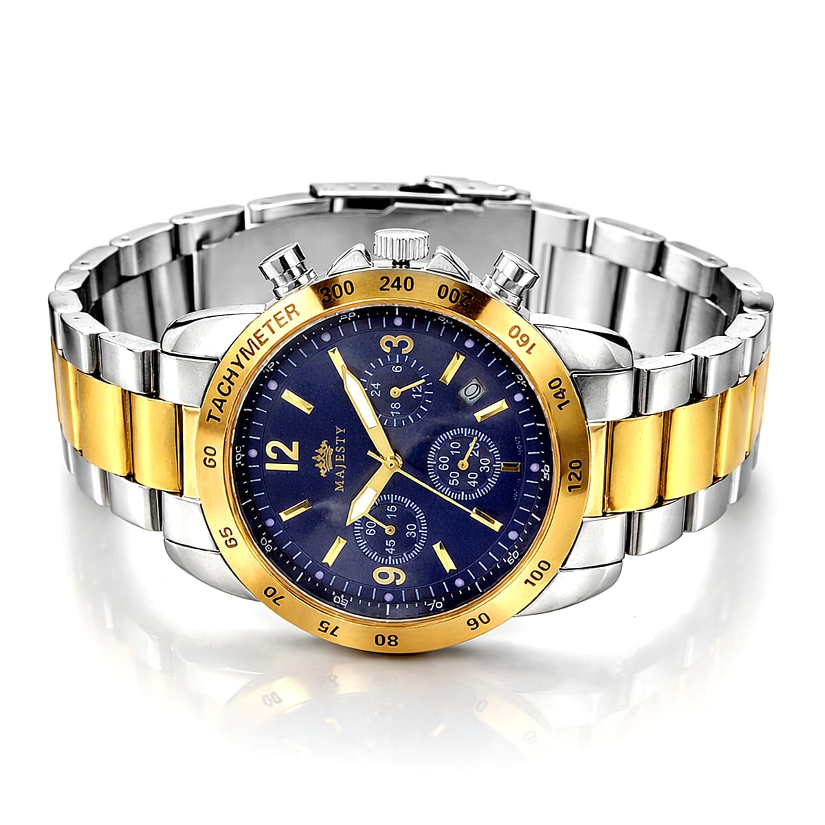 MAJESTY Multifunction VD53 Japan Quartz 3ATM WR Blue Sunshine Dial Mens Watch with Two-Tone Stainless Steel Strap
