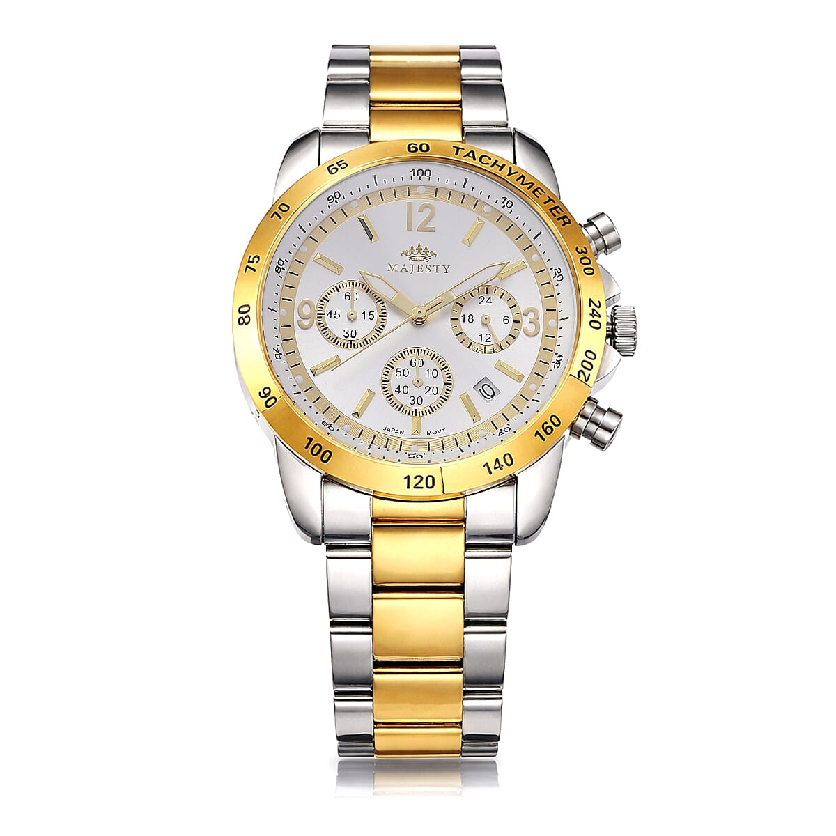 MAJESTY Multifunction VD53 Japan Quartz 3ATM WR White Sunshine Dial Mens Watch with Two-Tone Stainless Steel Strap
