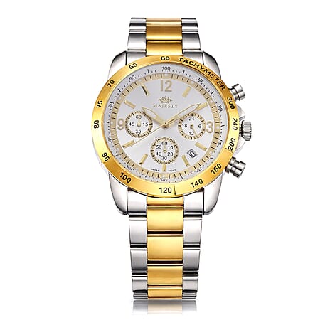 MAJESTY Multifunction VD53 Japan Quartz 3ATM WR White Sunshine Dial Mens Watch with Two-Tone Stainless Steel Strap