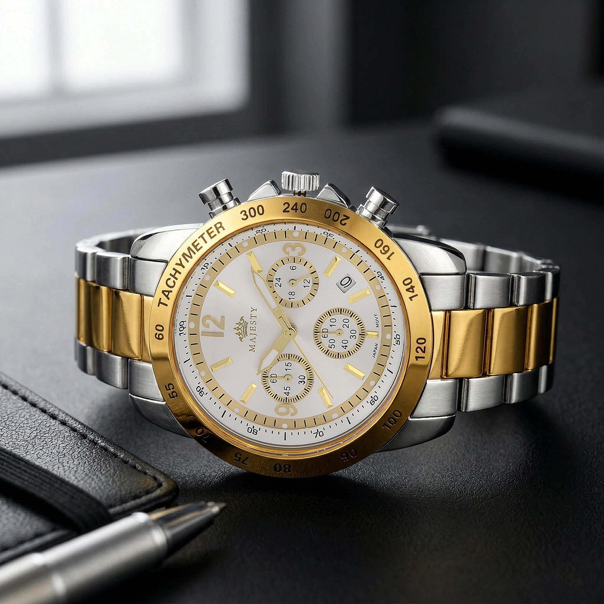 MAJESTY Multifunction VD53 Japan Quartz 3ATM WR White Sunshine Dial Mens Watch with Two-Tone Stainless Steel Strap
