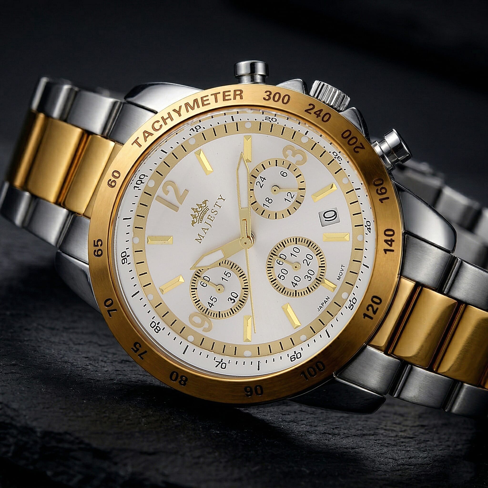 MAJESTY Multifunction VD53 Japan Quartz 3ATM WR White Sunshine Dial Mens Watch with Two-Tone Stainless Steel Strap