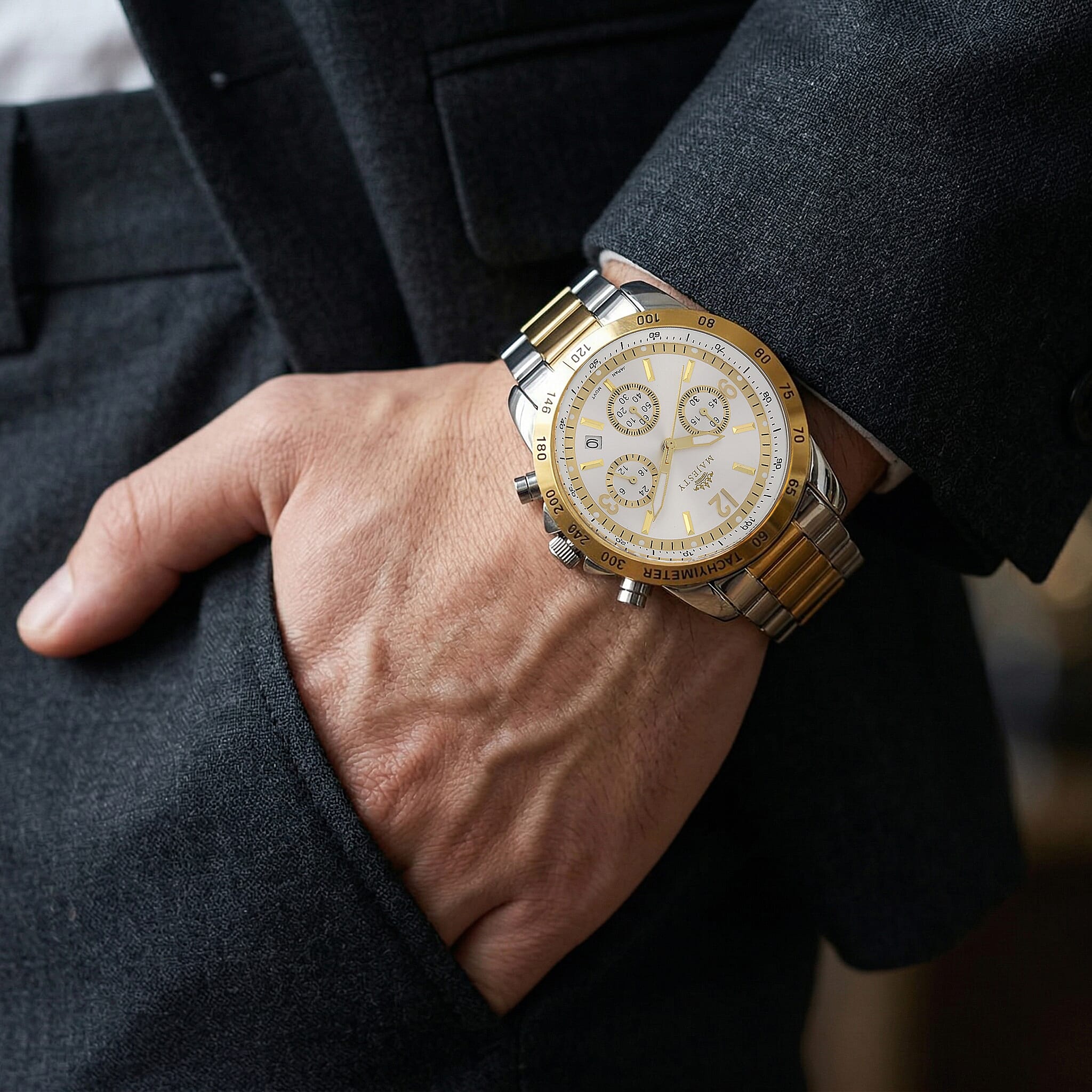 MAJESTY Multifunction VD53 Japan Quartz 3ATM WR White Sunshine Dial Mens Watch with Two-Tone Stainless Steel Strap