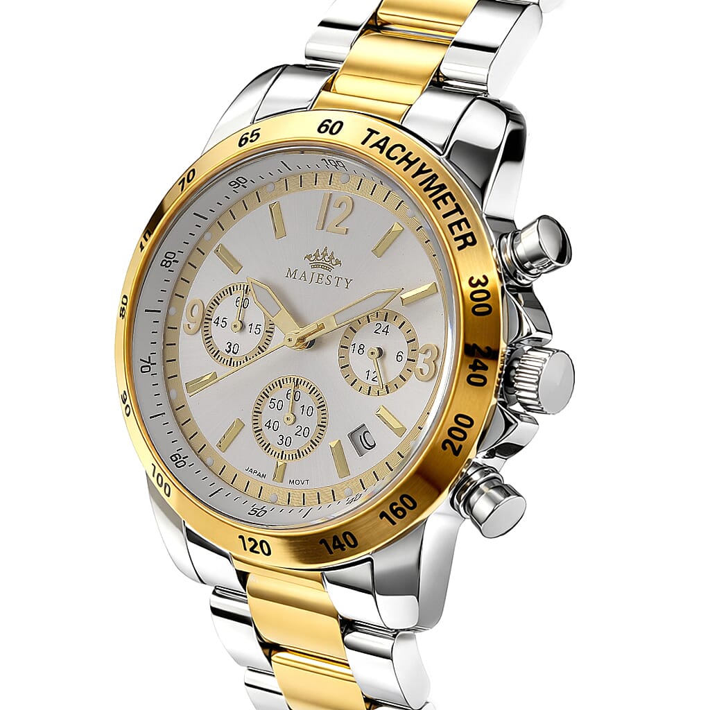 MAJESTY Multifunction VD53 Japan Quartz 3ATM WR White Sunshine Dial Mens Watch with Two-Tone Stainless Steel Strap