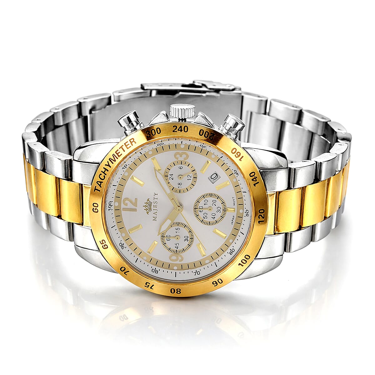 MAJESTY Multifunction VD53 Japan Quartz 3ATM WR White Sunshine Dial Mens Watch with Two-Tone Stainless Steel Strap