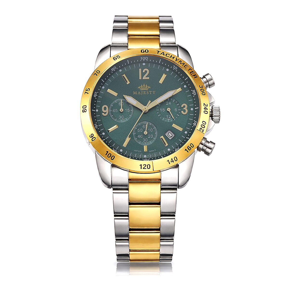 MAJESTY Multifunction VD53 Japan Quartz 3ATM WR Green Sunshine Dial Mens Watch with Two-Tone Stainless Steel Strap