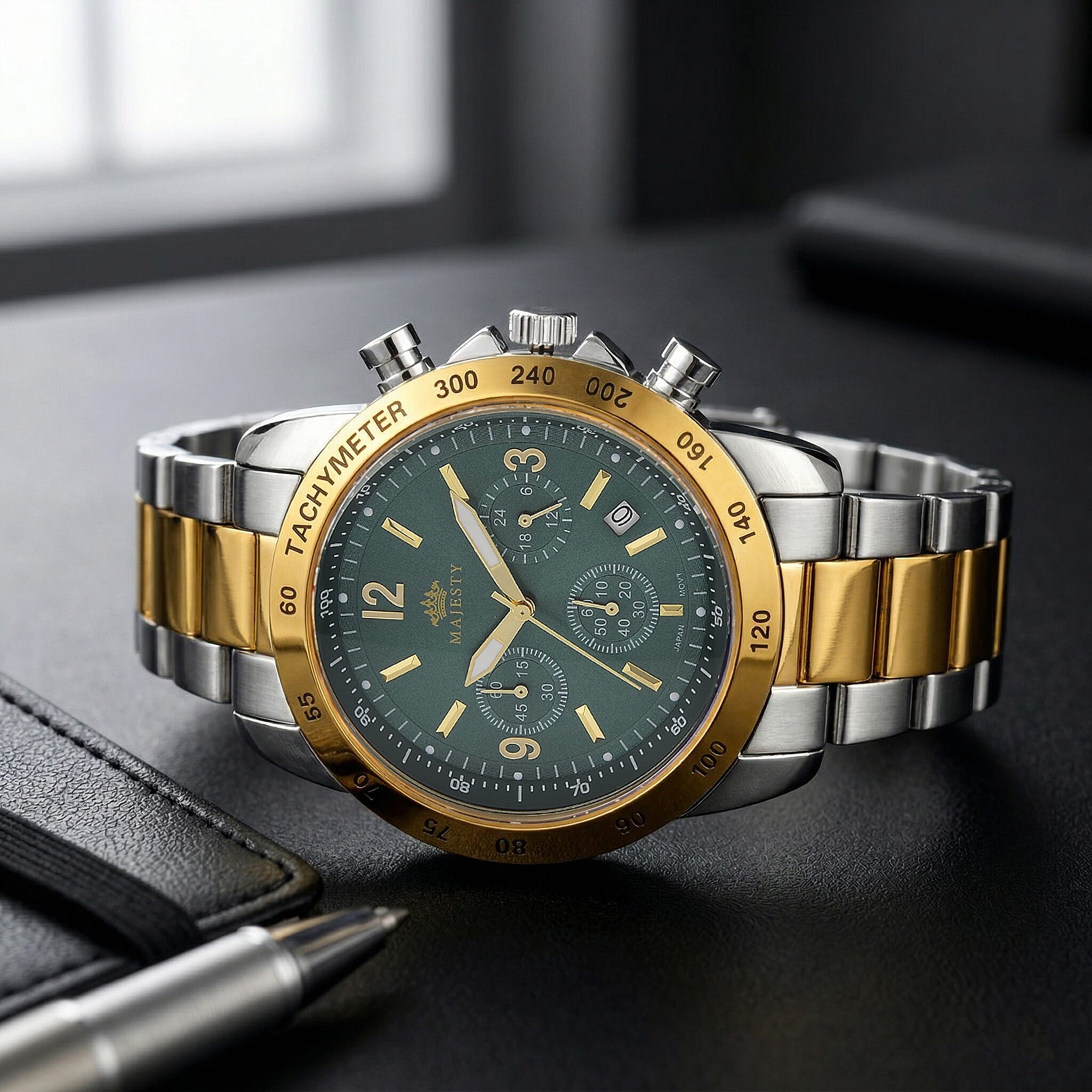 MAJESTY Multifunction VD53 Japan Quartz 3ATM WR Green Sunshine Dial Mens Watch with Two-Tone Stainless Steel Strap