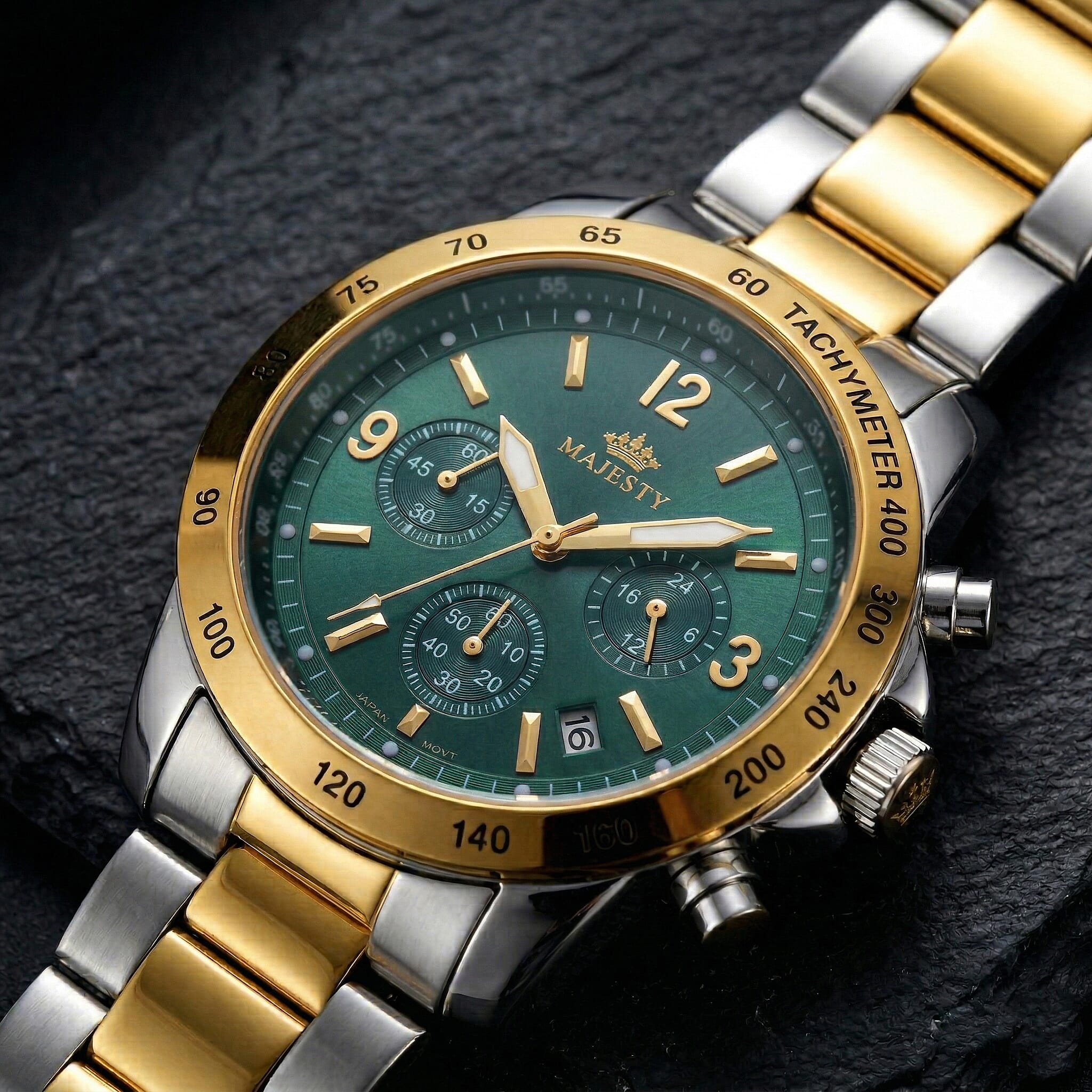 MAJESTY Multifunction VD53 Japan Quartz 3ATM WR Green Sunshine Dial Mens Watch with Two-Tone Stainless Steel Strap