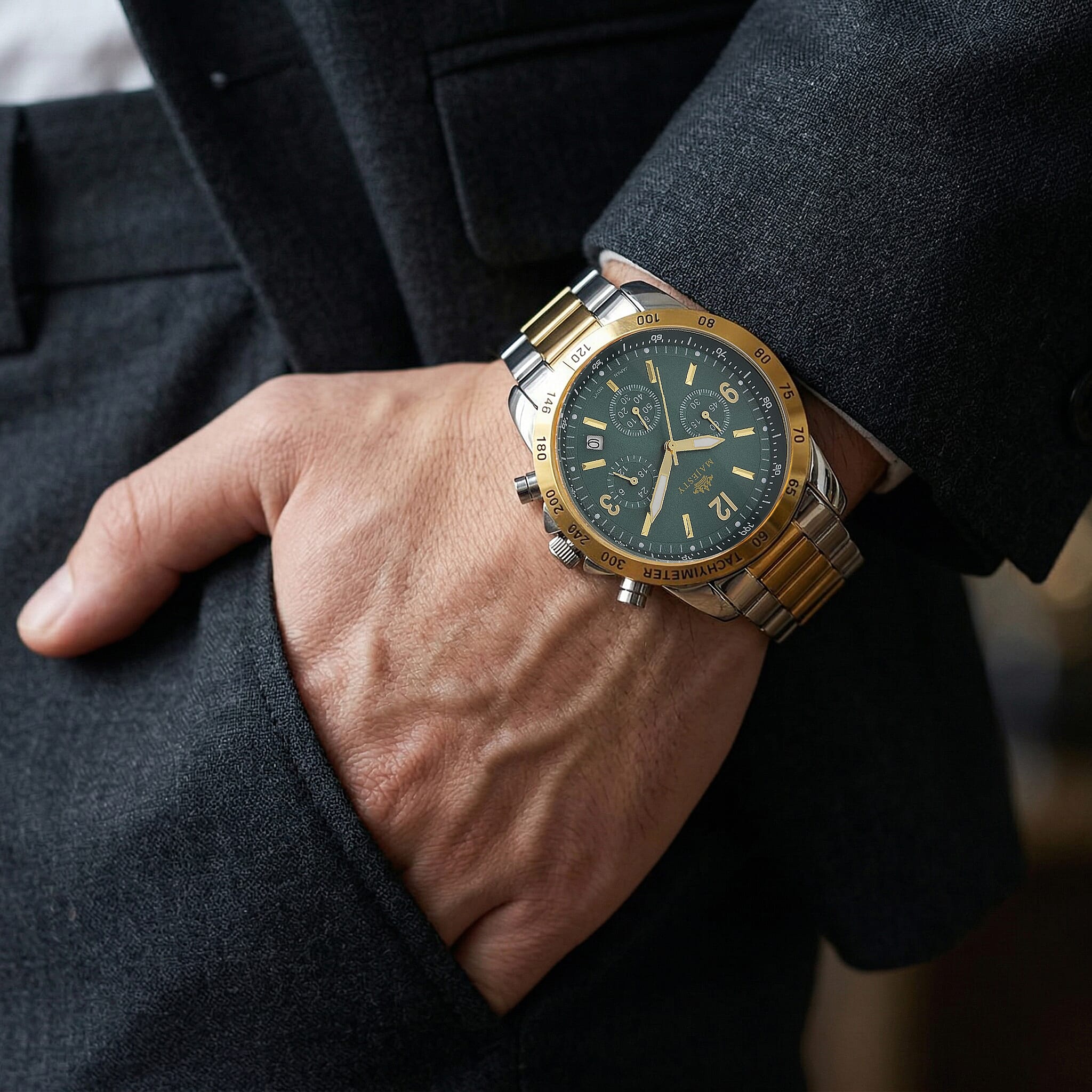 MAJESTY Multifunction VD53 Japan Quartz 3ATM WR Green Sunshine Dial Mens Watch with Two-Tone Stainless Steel Strap