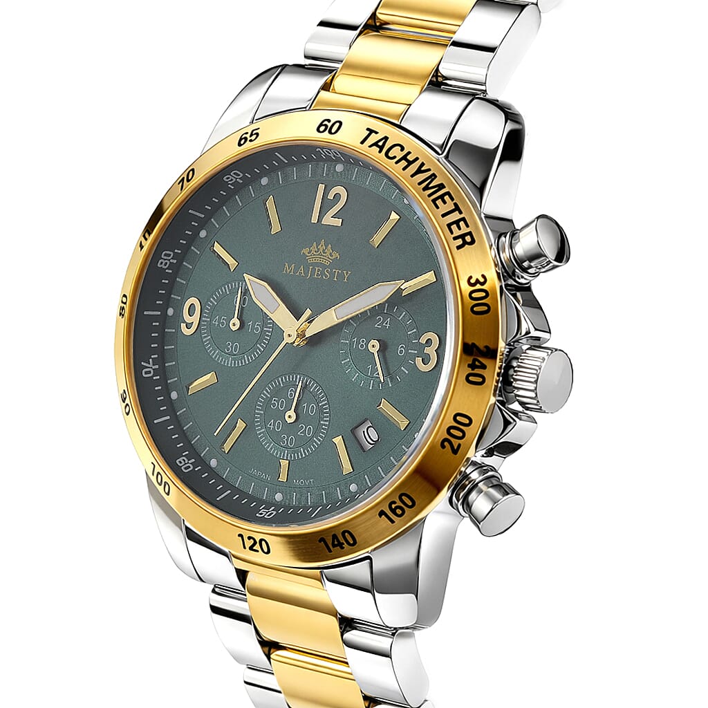 MAJESTY Multifunction VD53 Japan Quartz 3ATM WR Green Sunshine Dial Mens Watch with Two-Tone Stainless Steel Strap