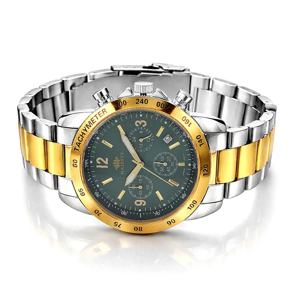 MAJESTY Multifunction VD53 Japan Quartz 3ATM WR Green Sunshine Dial Mens Watch with Two-Tone Stainless Steel Strap
