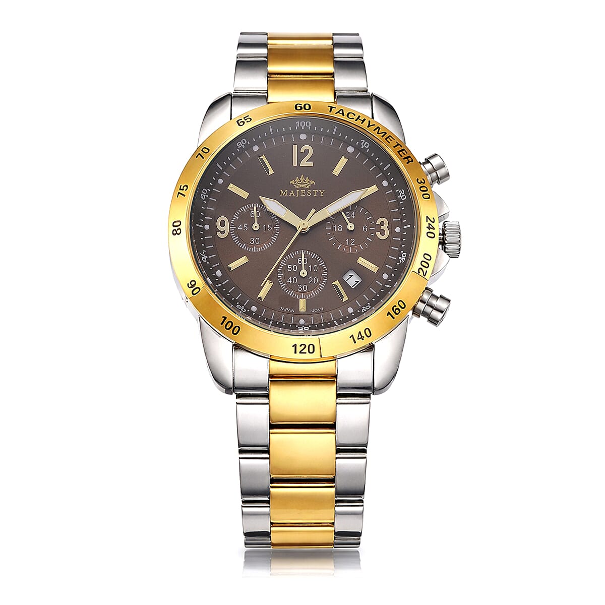 MAJESTY Multifunction VD53 Japan Quartz 3ATM WR Brown Sunshine Dial Mens Watch with Two-Tone Stainless Steel Strap