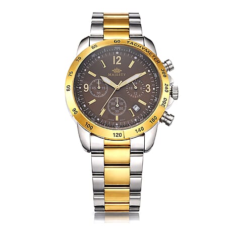 MAJESTY Multifunction VD53 Japan Quartz 3ATM WR Brown Sunshine Dial Mens Watch with Two-Tone Stainless Steel Strap