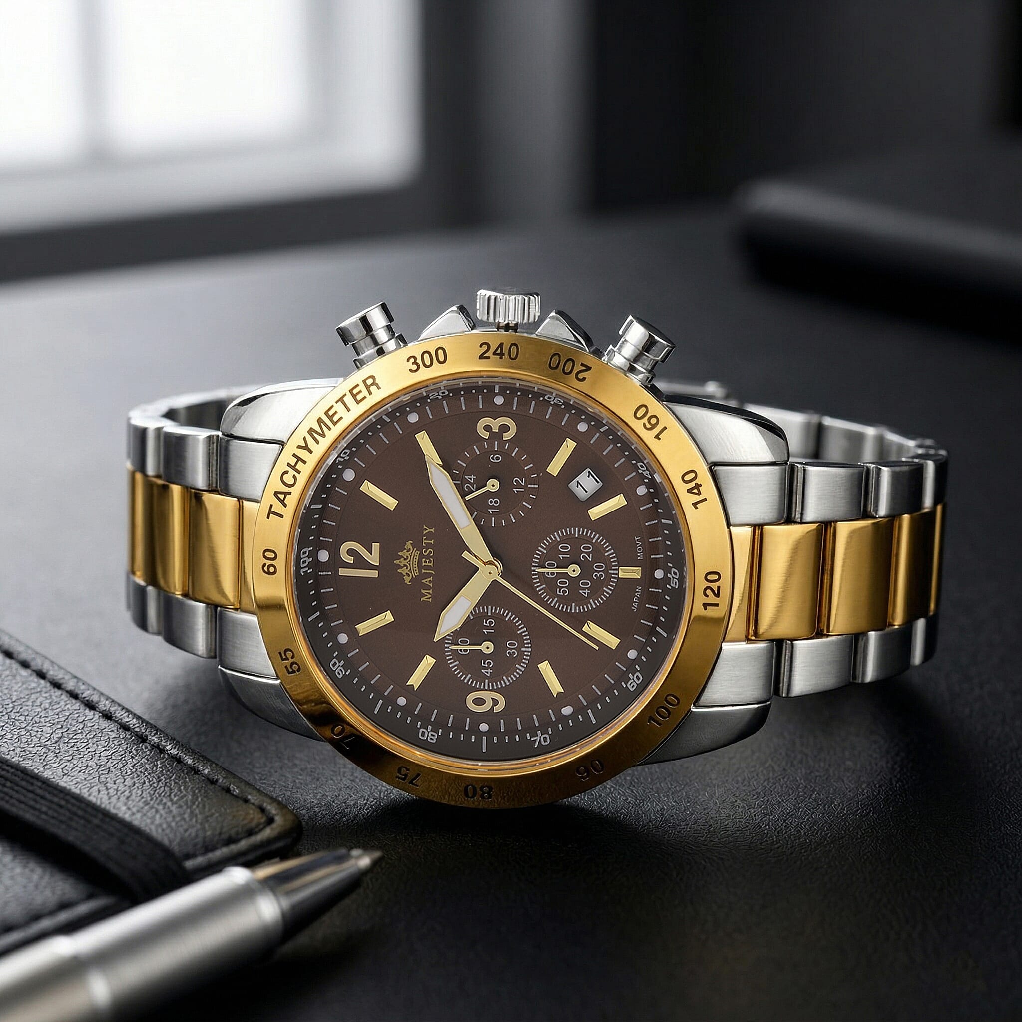 MAJESTY Multifunction VD53 Japan Quartz 3ATM WR Brown Sunshine Dial Mens Watch with Two-Tone Stainless Steel Strap