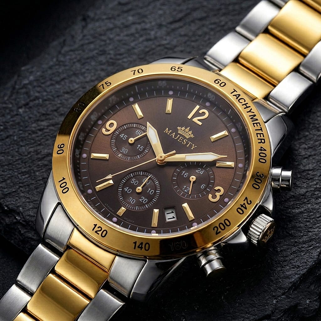 MAJESTY Multifunction VD53 Japan Quartz 3ATM WR Brown Sunshine Dial Mens Watch with Two-Tone Stainless Steel Strap