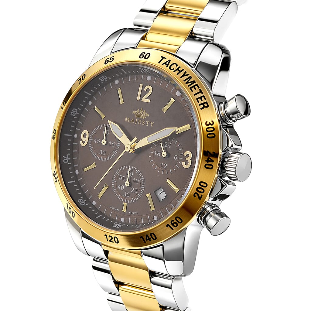 MAJESTY Multifunction VD53 Japan Quartz 3ATM WR Brown Sunshine Dial Mens Watch with Two-Tone Stainless Steel Strap