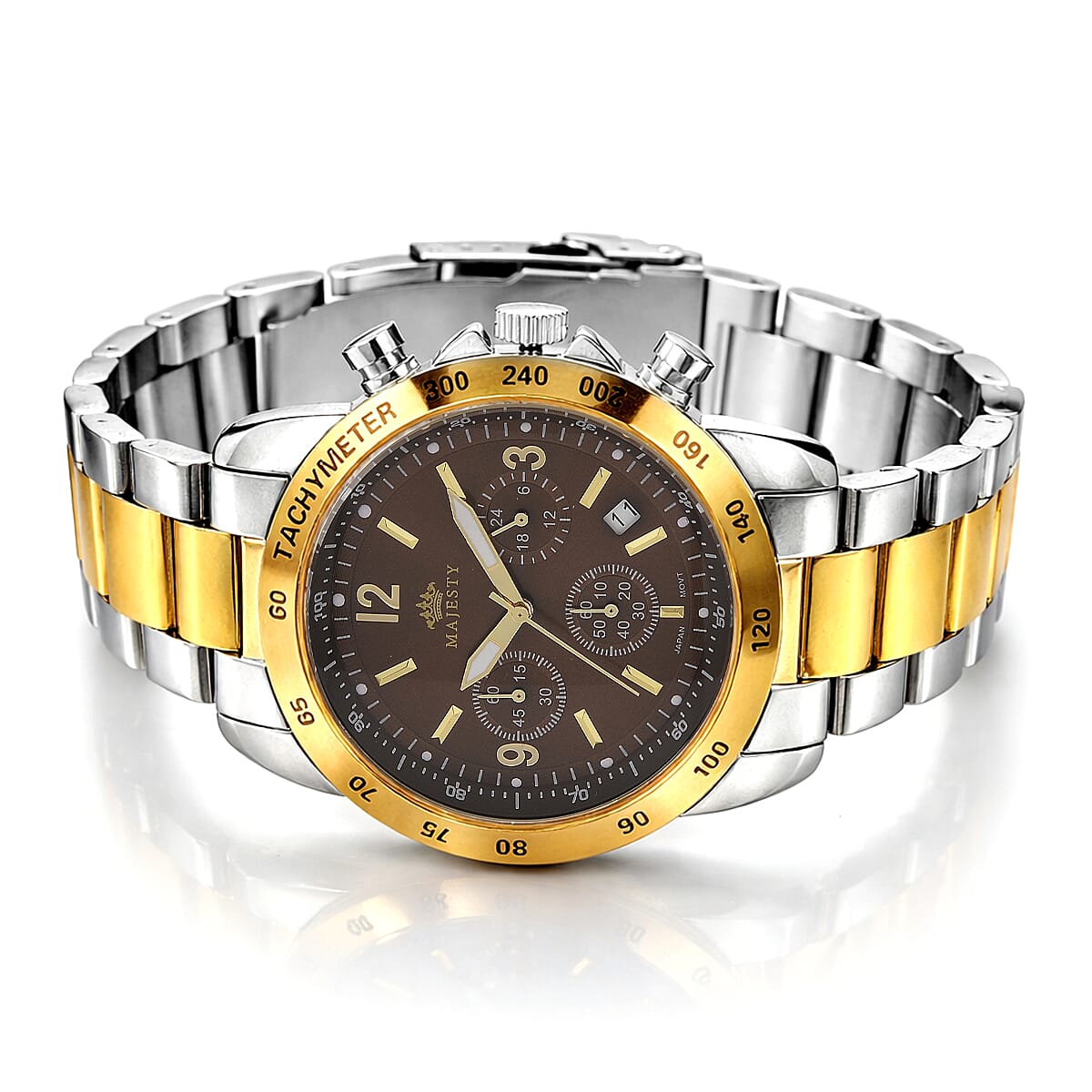 MAJESTY Multifunction VD53 Japan Quartz 3ATM WR Brown Sunshine Dial Mens Watch with Two-Tone Stainless Steel Strap