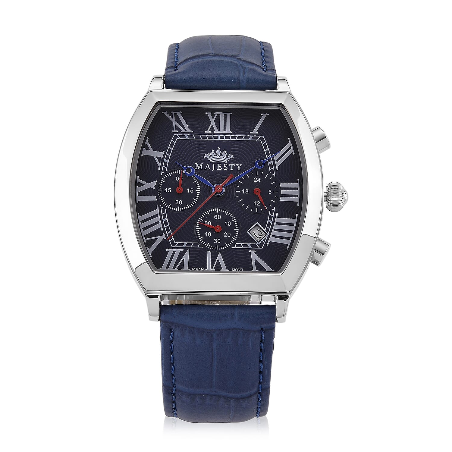 MAJESTY Multifunction VD53 Japan Quartz 3ATM WR Blue Hydraulic Dial - Silver Crystal Case Mens Watch with Blue Leather Strap