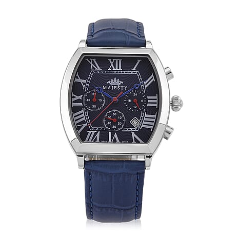 MAJESTY Multifunction VD53 Japan Quartz 3ATM WR Blue Hydraulic Dial - Silver Crystal Case Mens Watch with Blue Leather Strap