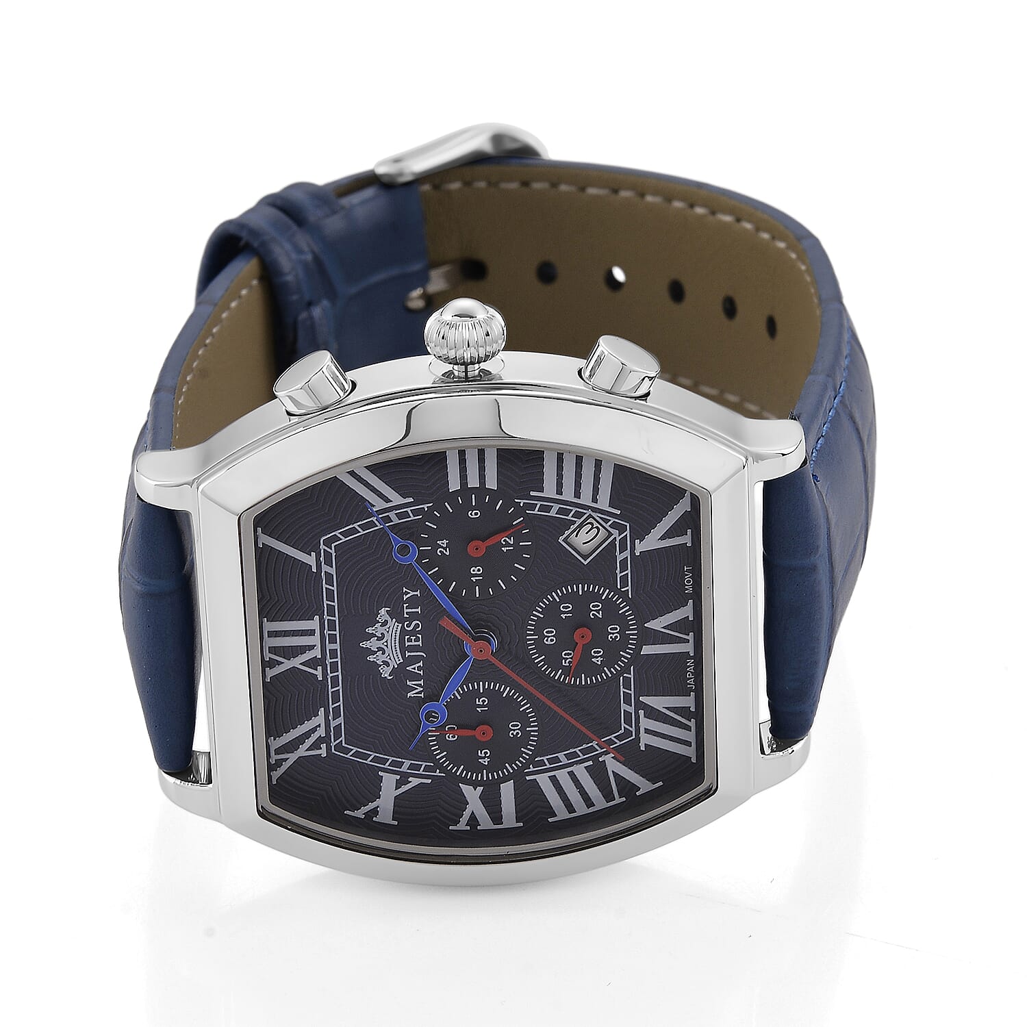 MAJESTY Multifunction VD53 Japan Quartz 3ATM WR Blue Hydraulic Dial - Silver Crystal Case Mens Watch with Blue Leather Strap