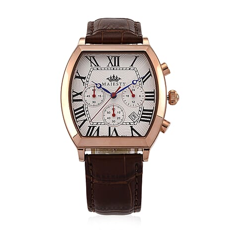 MAJESTY Multifunction VD53 Japan Quartz 3ATM WR White Hydraulic Dial - Rose Crystal Case Mens Watch with Brown Leather Strap