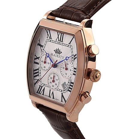 MAJESTY Multifunction VD53 Japan Quartz 3ATM WR White Hydraulic Dial - Rose Crystal Case Mens Watch with Brown Leather Strap