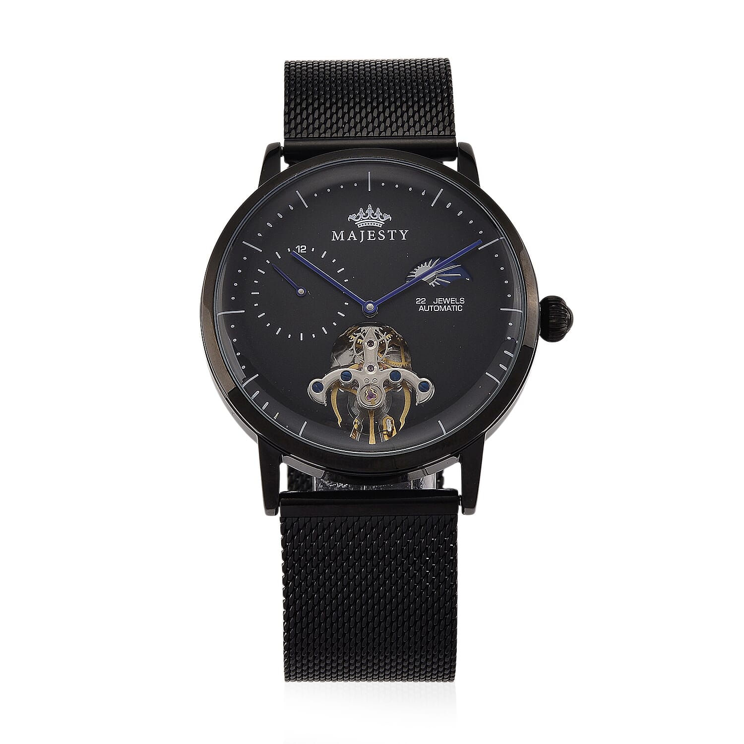 MAJESTY Multifunction LiaoCheng Automatic 3ATM WR Black Dial - Black Case Mens Watch with Black Stainless Steel Mesh Strap