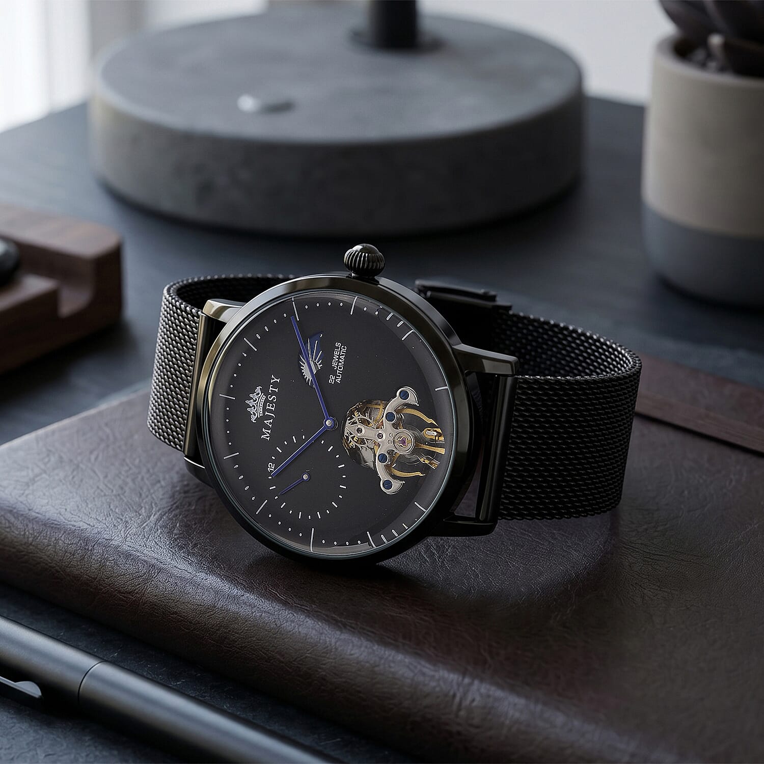 MAJESTY Multifunction LiaoCheng Automatic 3ATM WR Black Dial - Black Case Mens Watch with Black Stainless Steel Mesh Strap