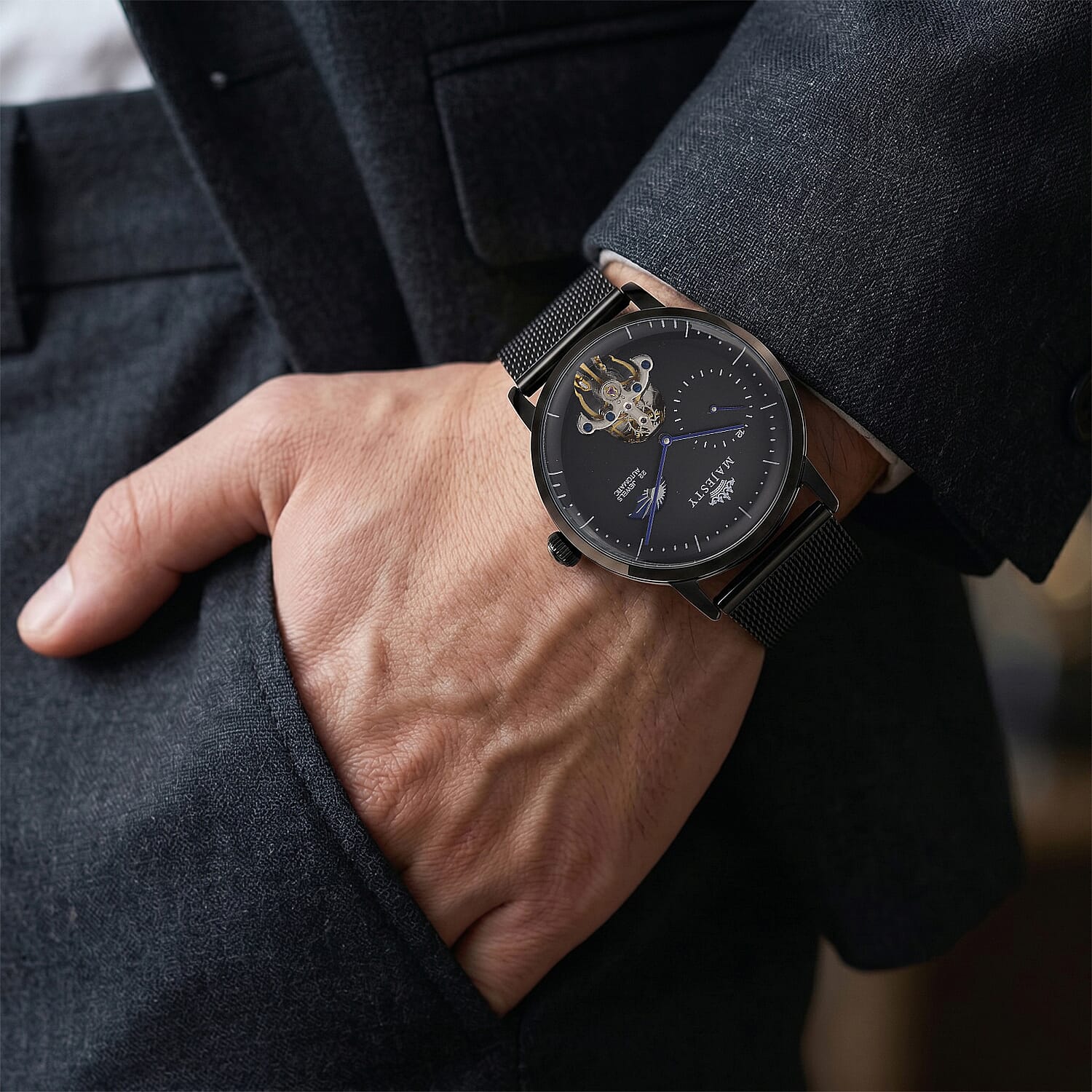 MAJESTY Multifunction LiaoCheng Automatic 3ATM WR Black Dial - Black Case Mens Watch with Black Stainless Steel Mesh Strap