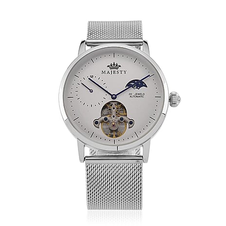 MAJESTY Multifunction LiaoCheng Automatic 3ATM WR White Dial - Silver Case Mens Watch with Silver Stainless Steel Mesh Strap
