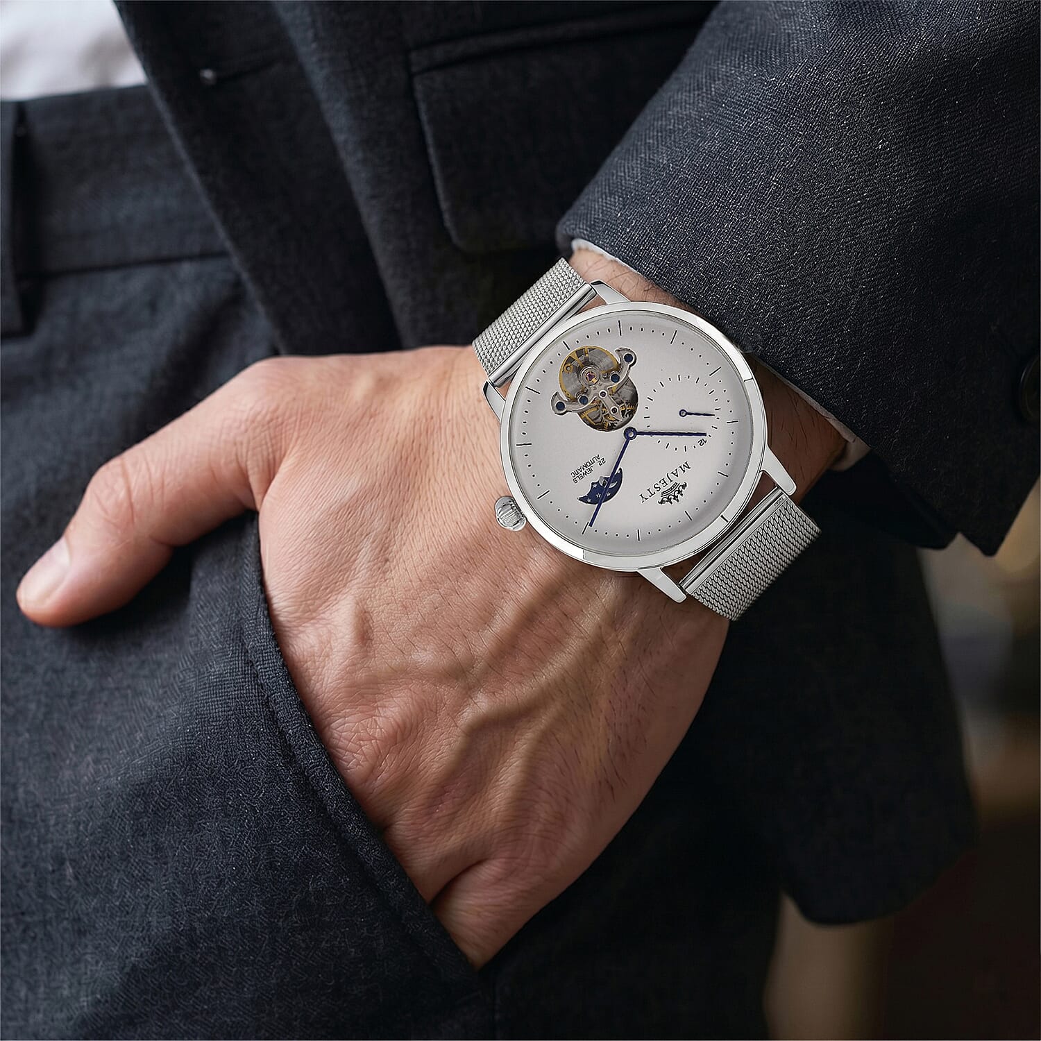 MAJESTY Multifunction LiaoCheng Automatic 3ATM WR White Dial - Silver Case Mens Watch with Silver Stainless Steel Mesh Strap