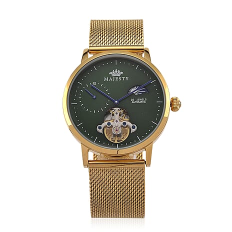 MAJESTY Multifunction LiaoCheng Automatic 3ATM WR Green Dial - Gold Case Mens Watch with Gold Stainless Steel Mesh Strap
