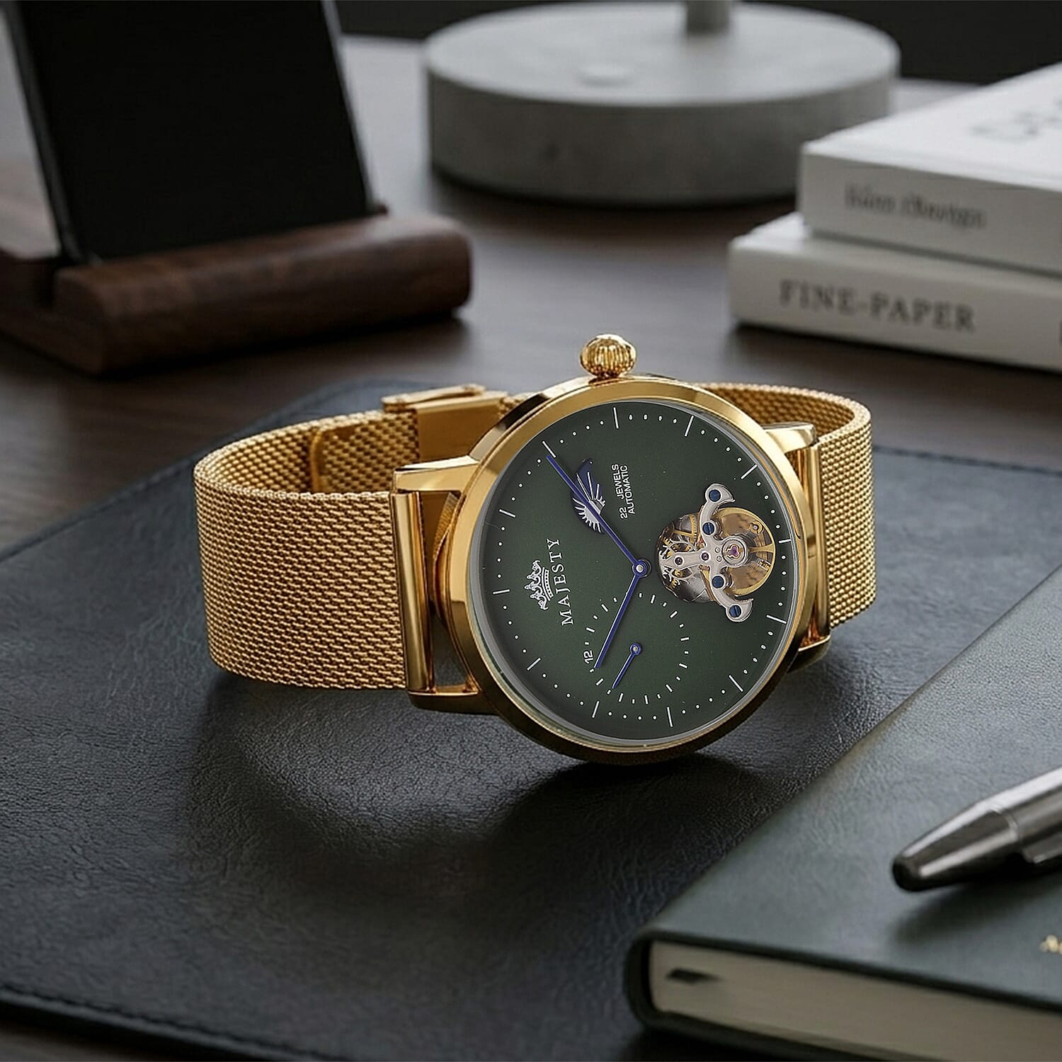 MAJESTY Multifunction LiaoCheng Automatic 3ATM WR Green Dial - Gold Case Mens Watch with Gold Stainless Steel Mesh Strap