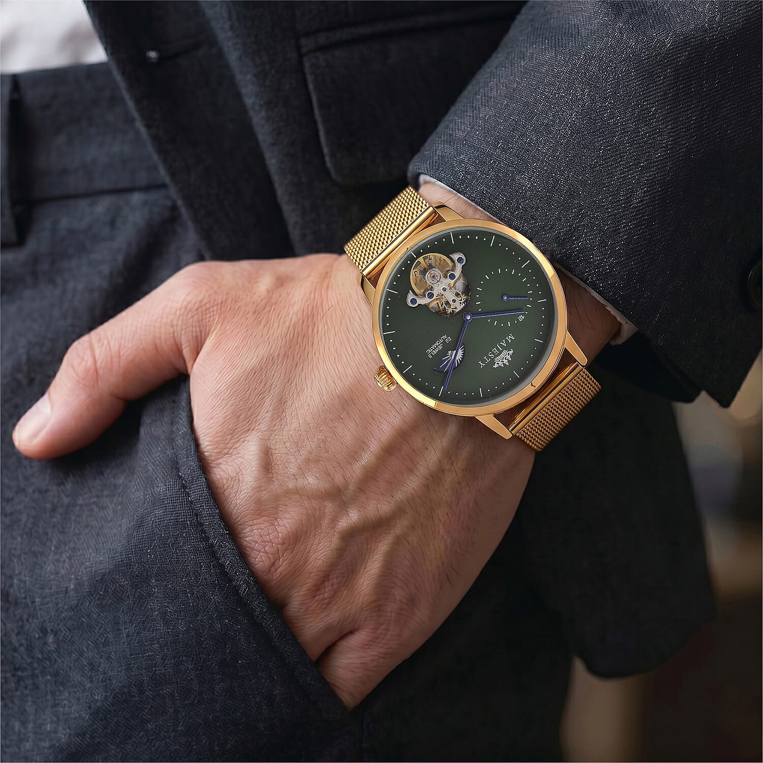 MAJESTY Multifunction LiaoCheng Automatic 3ATM WR Green Dial - Gold Case Mens Watch with Gold Stainless Steel Mesh Strap