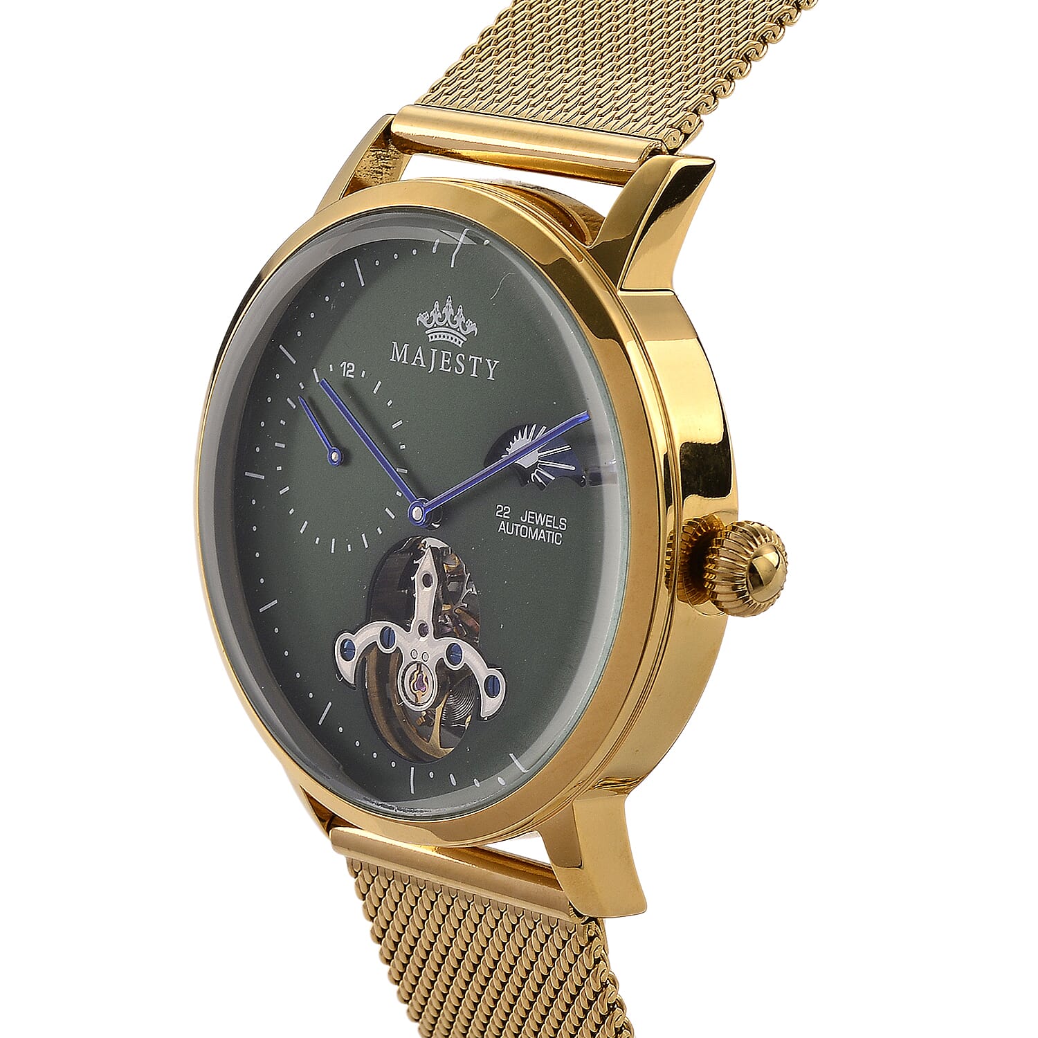 MAJESTY Multifunction LiaoCheng Automatic 3ATM WR Green Dial - Gold Case Mens Watch with Gold Stainless Steel Mesh Strap