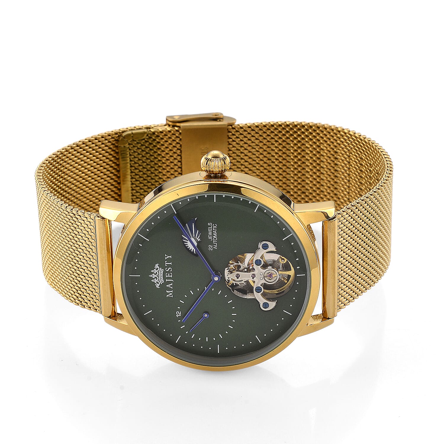 MAJESTY Multifunction LiaoCheng Automatic 3ATM WR Green Dial - Gold Case Mens Watch with Gold Stainless Steel Mesh Strap
