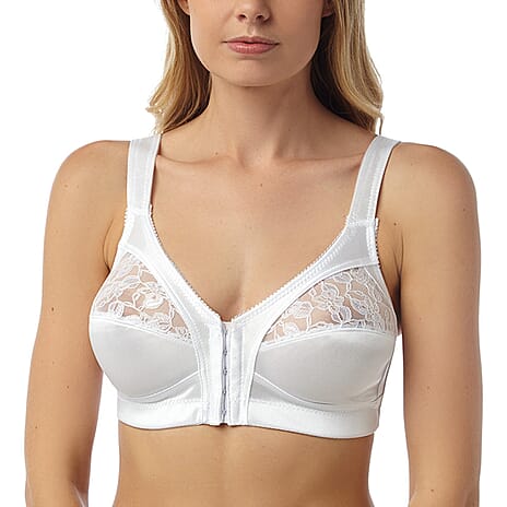 Marlon Firm Control Wireless Bra With Easy Front Fastening, Wide Straps And Lace Trim (Size 44DD) - White