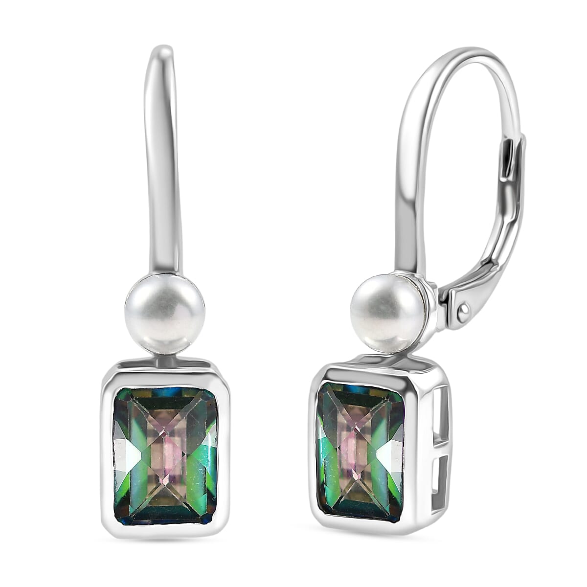 D'Joy Mystic Topaz & Fresh Water Pearl Solitaire Lever Back Earring in Rhodium Overlay Sterling Silver 3.18 Ct.