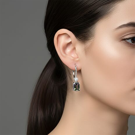 D'Joy Mystic Topaz & Fresh Water Pearl Solitaire Lever Back Earring in Rhodium Overlay Sterling Silver 3.18 Ct.