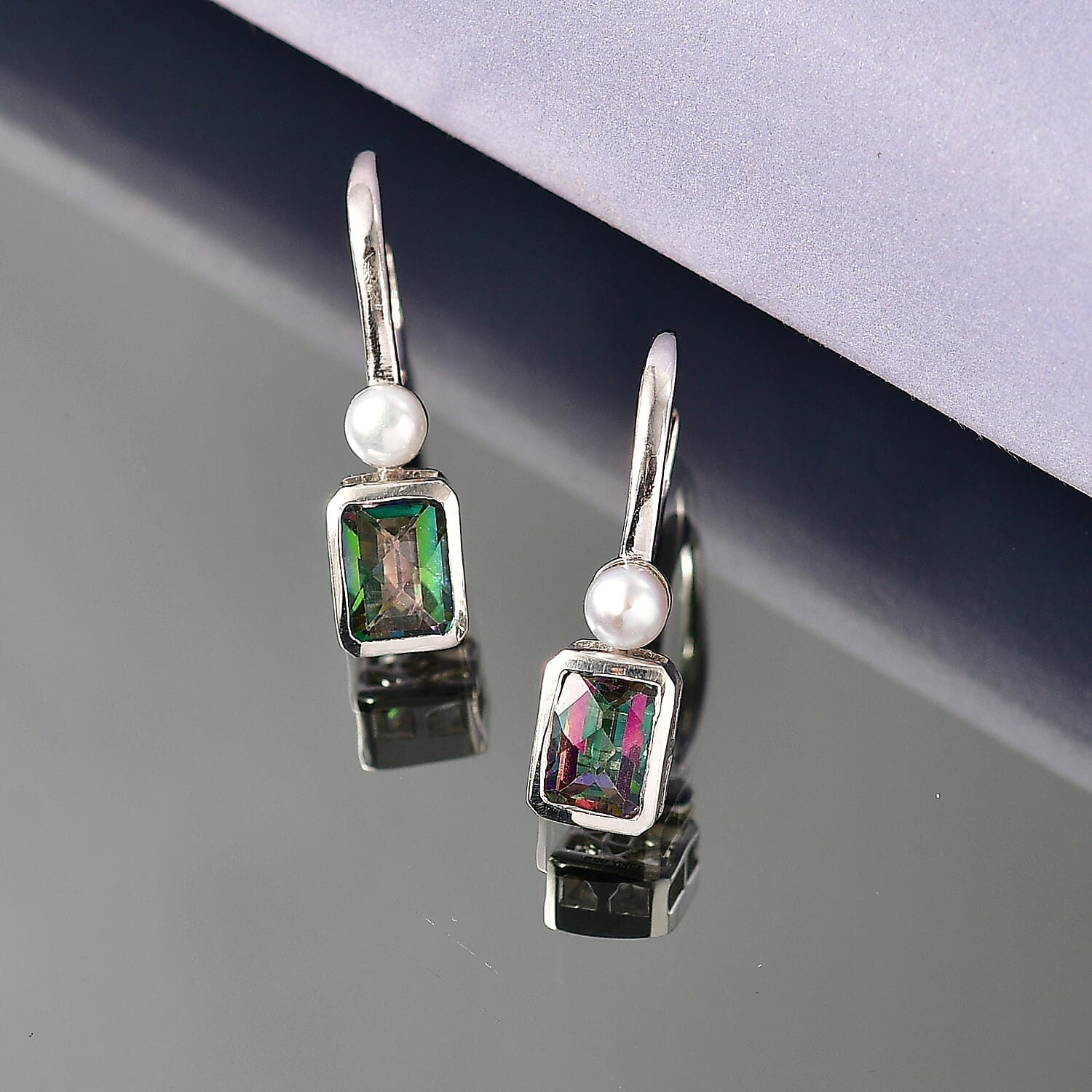 D'Joy Mystic Topaz & Fresh Water Pearl Solitaire Lever Back Earring in Rhodium Overlay Sterling Silver 3.18 Ct.