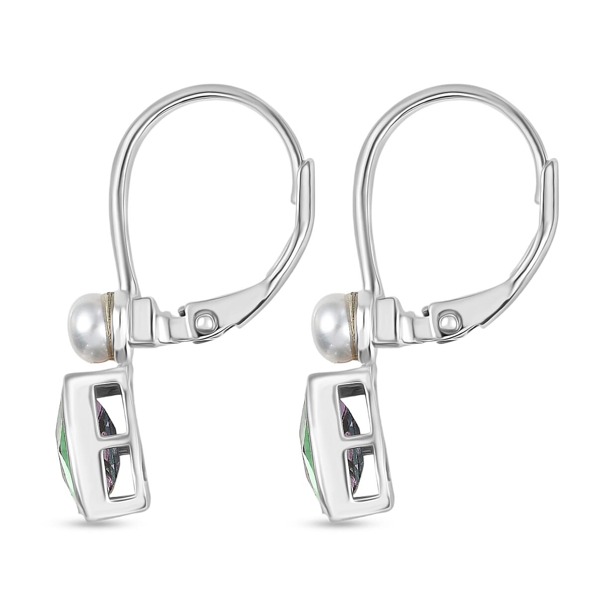 D'Joy Mystic Topaz & Fresh Water Pearl Solitaire Lever Back Earring in Rhodium Overlay Sterling Silver 3.18 Ct.