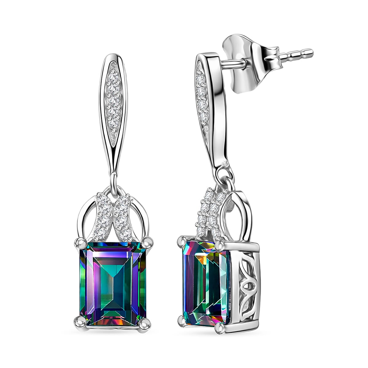 D'Joy Mystic Topaz & White Zircon Earring with Push Back in Rhodium Overlay Sterling Silver 4.06 Ct.