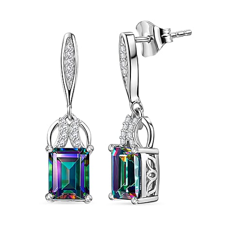 D'Joy Mystic Topaz & White Zircon Earring with Push Back in Rhodium Overlay Sterling Silver 4.06 Ct.