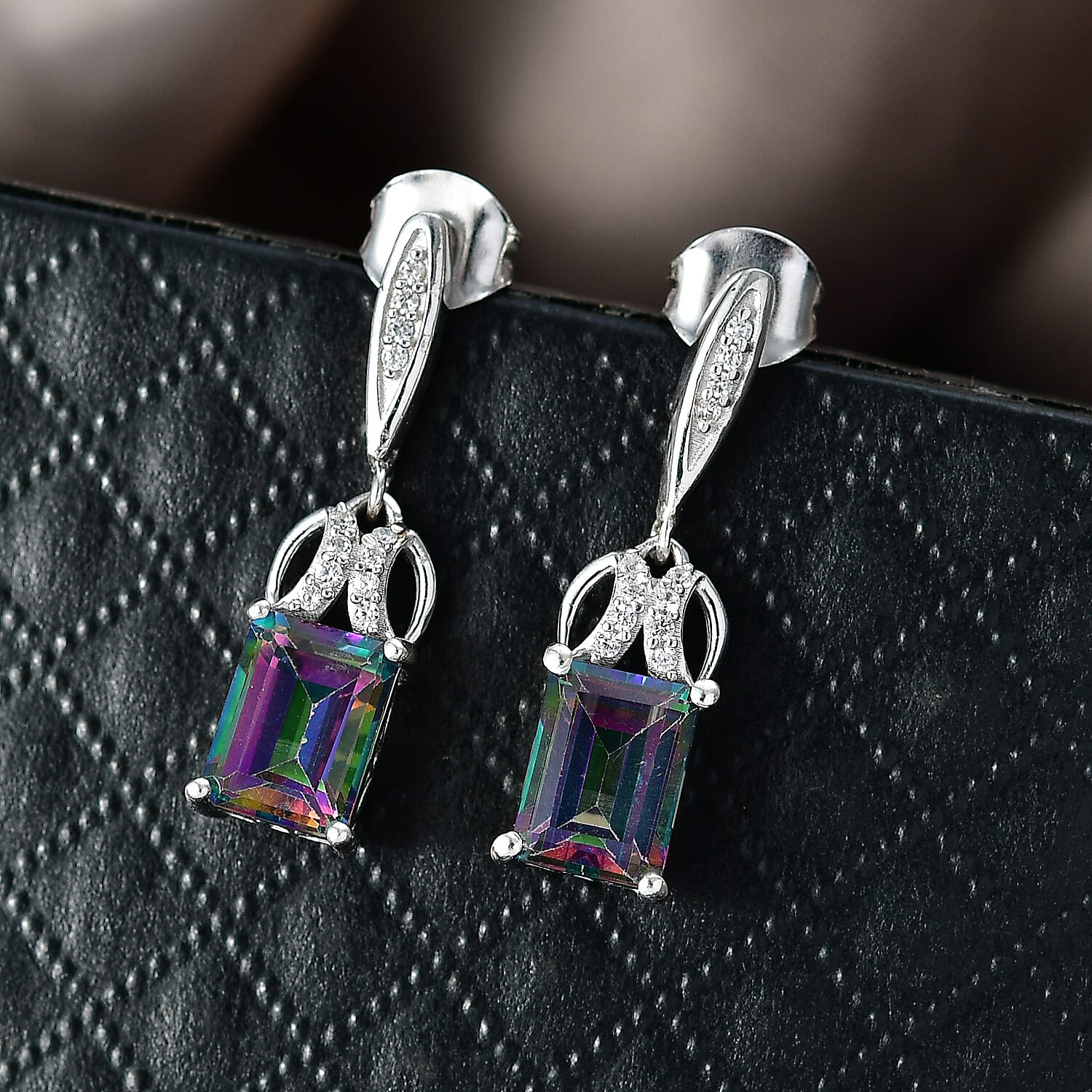 D'Joy Mystic Topaz & White Zircon Earring with Push Back in Rhodium Overlay Sterling Silver 4.06 Ct.