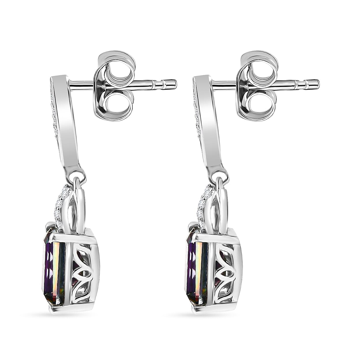 D'Joy Mystic Topaz & White Zircon Earring with Push Back in Rhodium Overlay Sterling Silver 4.06 Ct.