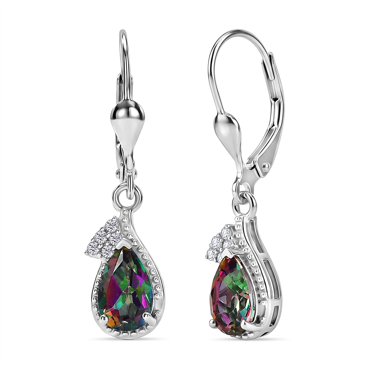 D'Joy Mystic Topaz & White Zircon Solitaire Stud Earring with Lever Back in Rhodium Overlay Sterling Silver 2.26 Ct.