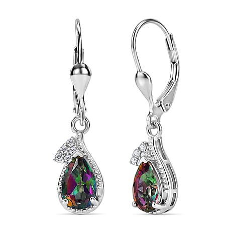 D'Joy Mystic Topaz & White Zircon Solitaire Stud Earring with Lever Back in Rhodium Overlay Sterling Silver 2.26 Ct.