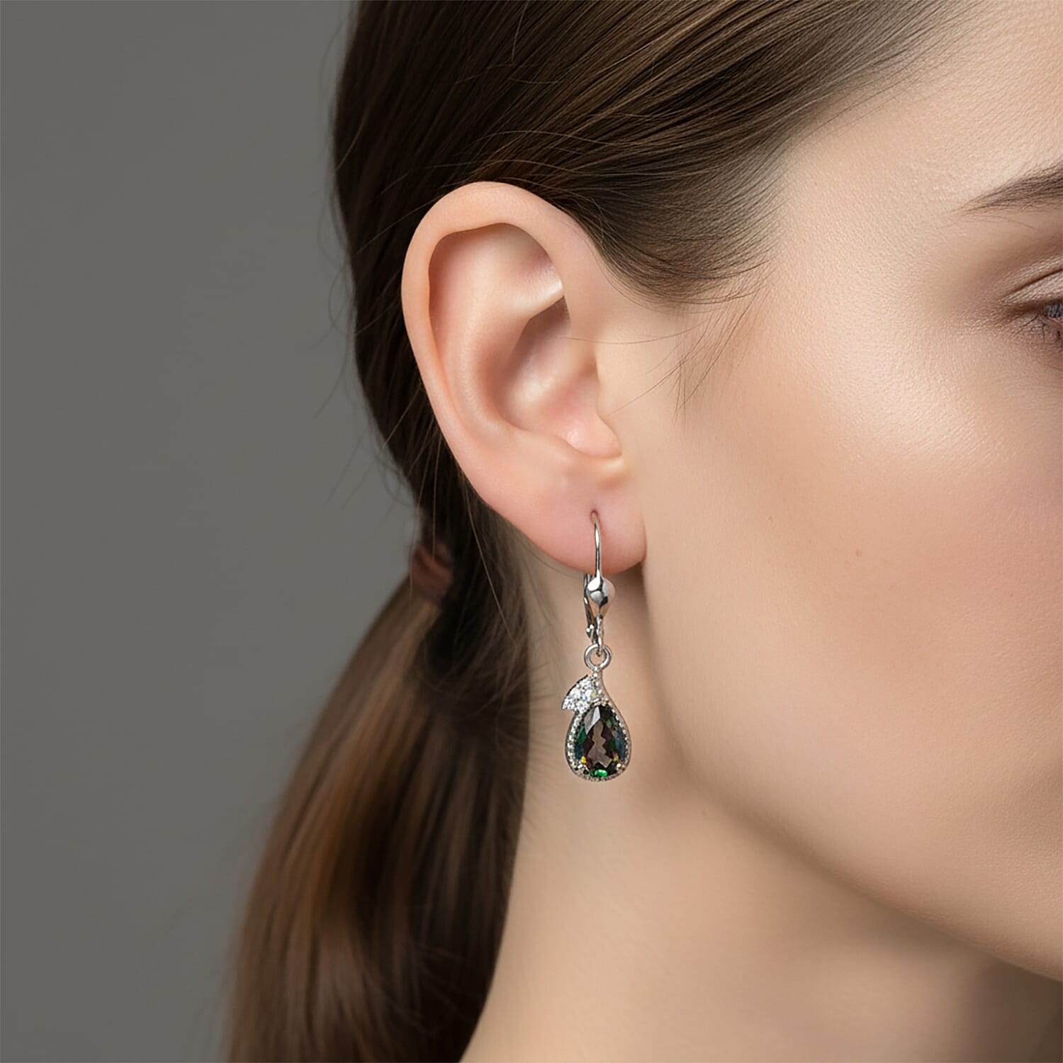 D'Joy Mystic Topaz & White Zircon Solitaire Stud Earring with Lever Back in Rhodium Overlay Sterling Silver 2.26 Ct.